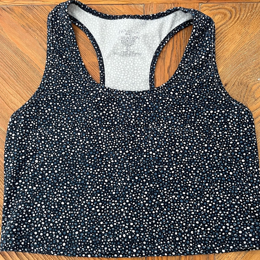NWOT black, white & blue polka dot Workout Tank in Size L - Picture 1 of 4